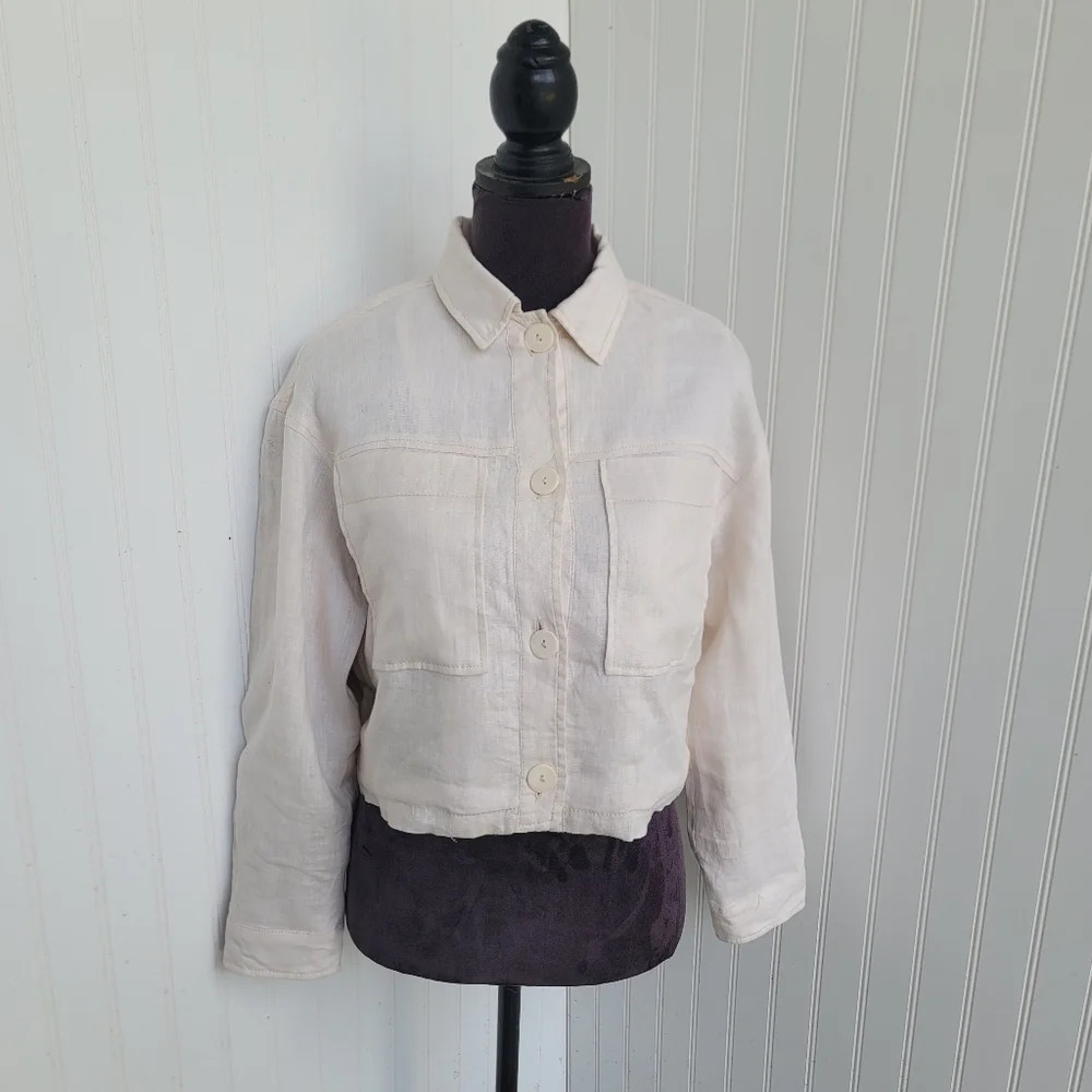ZARA WomensCROPPED SAND BOMBER POCKETS 100% LINEN Cropped Button Casual Lined XS